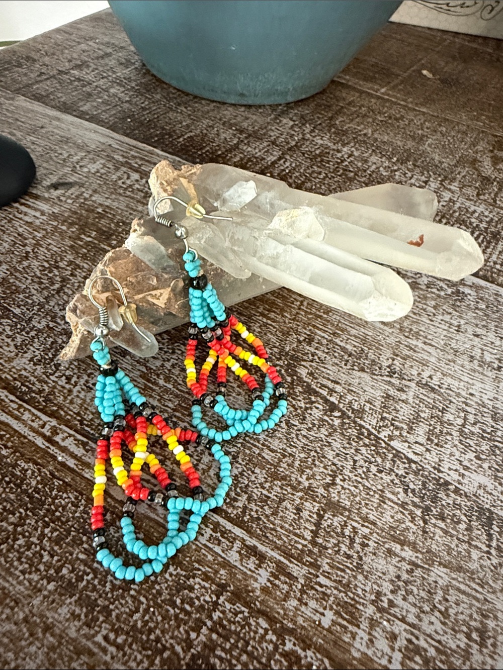 Boho Turquoise, Red & Yellow Beaded Dangle Earrings